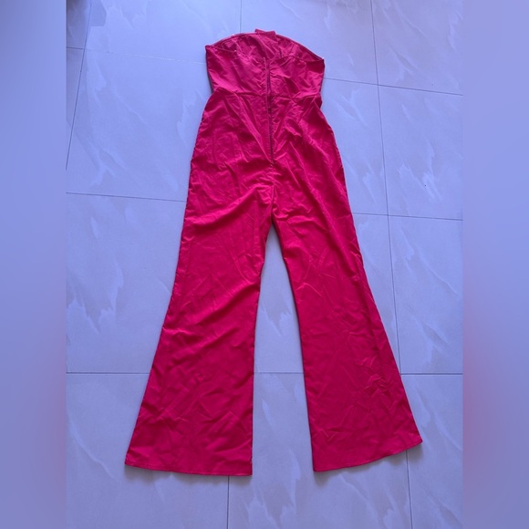 Elegant Red Strapless Jumpsuit wide leg chime size M pocket zipper - Picture 6 of 15